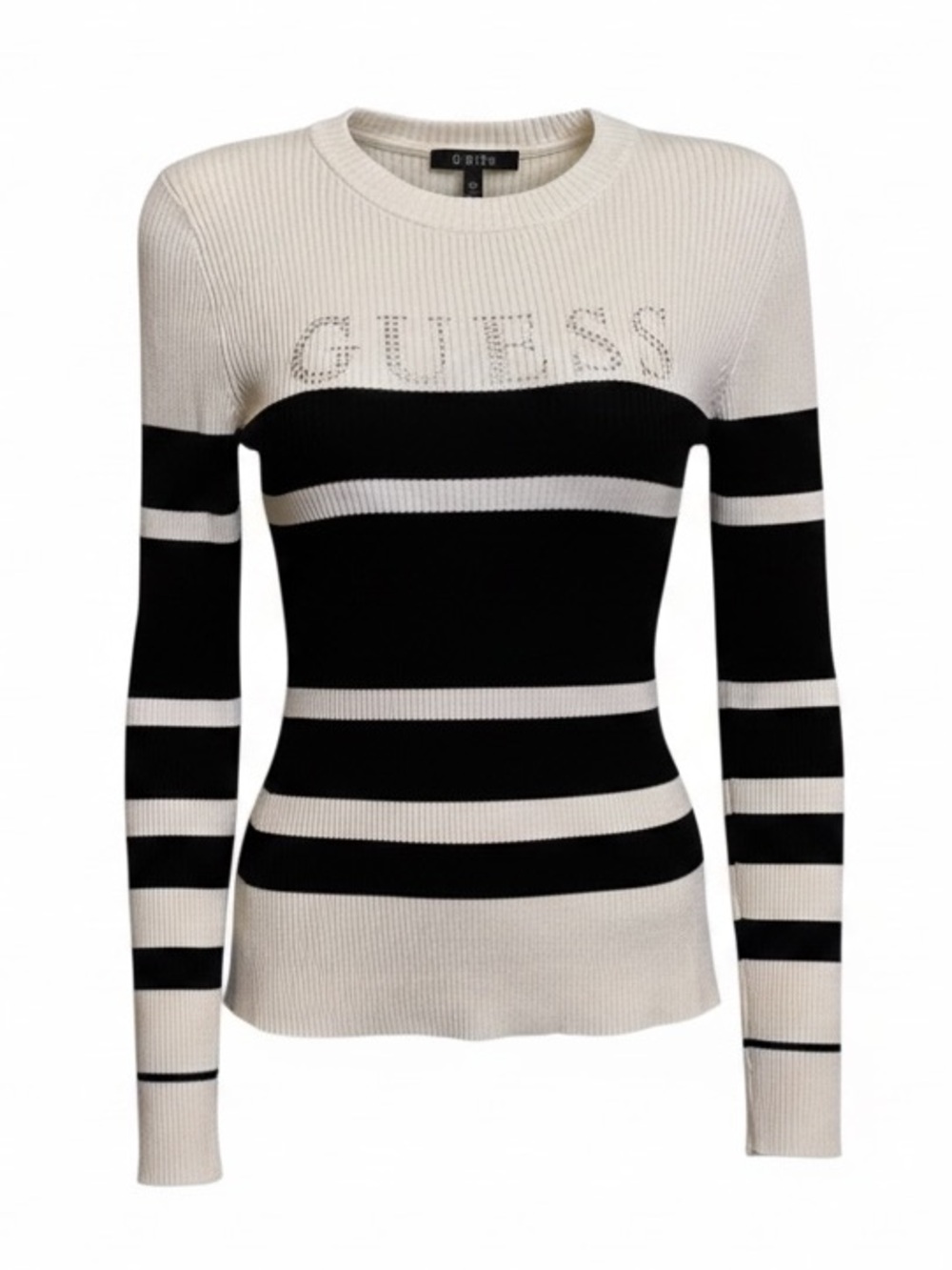Guess‎ Slim Fit Ribbed Knit Top Crew Neck Black Ivory Strip Bling Logo Y2K SZ SM